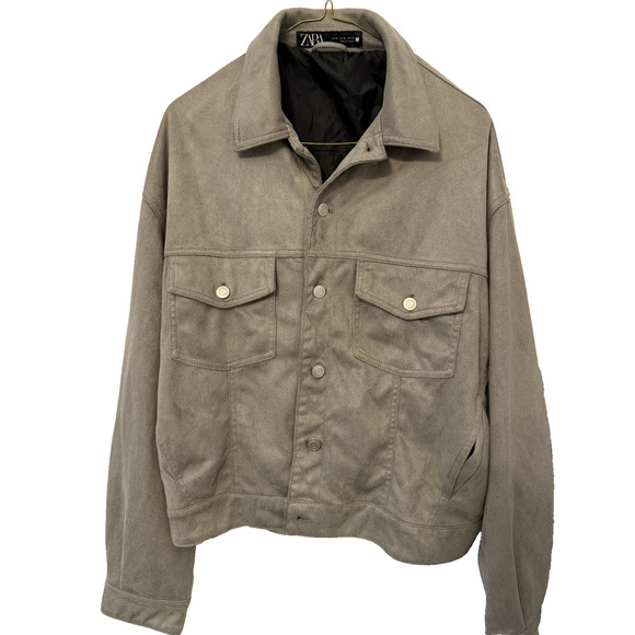 Zara Jacket Mens XL Gray Suede Trucker Snap Button Faux Leather Pockets Lined - Picture 1 of 6